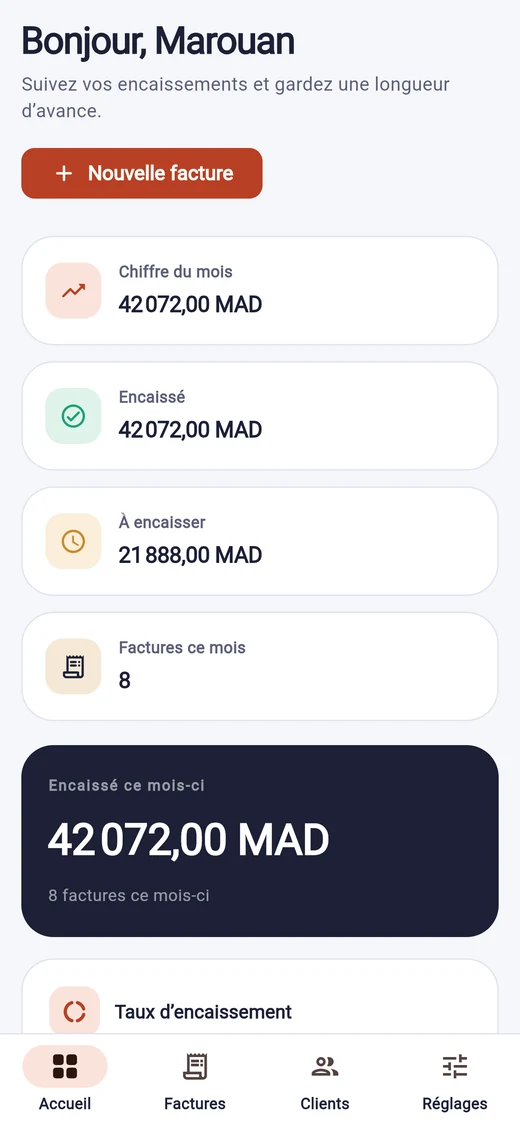Raven sur téléphone : le tableau de bord et la barre de navigation en bas de l'écran.